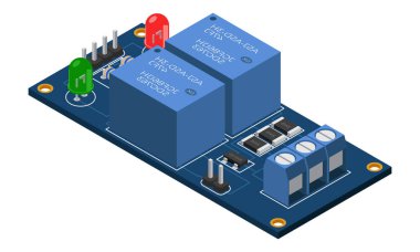 İzometrik elektronik pano. Elektronik bileşenli Isometric baskı devre kartı. Elektronik bileşenler ve entegre devre kartı