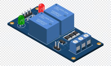İzometrik elektronik pano. Elektronik bileşenli Isometric baskı devre kartı. Elektronik bileşenler ve entegre devre kartı