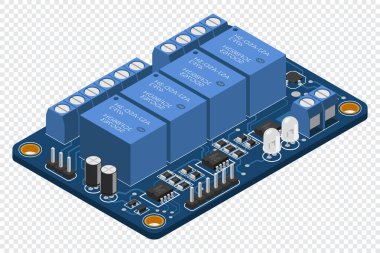 İzometrik elektronik pano. Elektronik bileşenli Isometric baskı devre kartı. Elektronik bileşenler ve entegre devre kartı