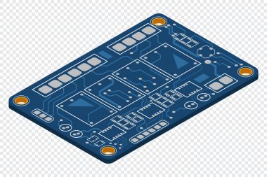 İzometrik elektronik pano. İzometrik baskılı devre kartı. Bütünleşik devre kartı. Vektör illüstrasyonu