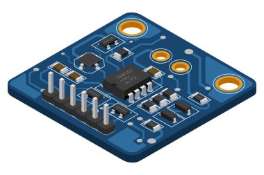 İzometrik elektronik pano. Elektronik bileşenli Isometric baskı devre kartı. Elektronik bileşenler ve entegre devre kartı
