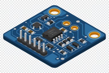 İzometrik elektronik pano. Elektronik bileşenli Isometric baskı devre kartı. Elektronik bileşenler ve entegre devre kartı