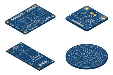 İzometrik elektronik levha seti. İzometrik baskılı devre kartı. Bütünleşik devre kartı. Vektör illüstrasyonu
