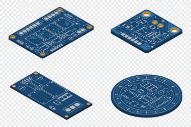 İzometrik elektronik levha seti. İzometrik baskılı devre kartı. Bütünleşik devre kartı. Vektör illüstrasyonu