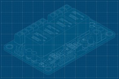 İzometrik elektronik levhanın planı. Elektronik bileşenli Isometric baskı devre kartı. Elektronik bileşenler ve entegre devre kartı