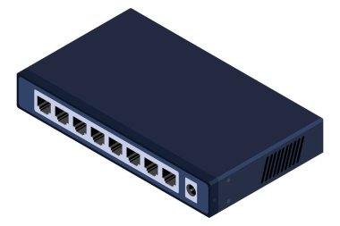 İzometrik düğme. Ağ ethernet anahtarı. Gerçekçi izometrik düğme. Ağ teknolojisi. Vektör illüstrasyonu