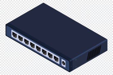 İzometrik düğme. Ağ ethernet anahtarı. Gerçekçi izometrik düğme. Ağ teknolojisi. Vektör illüstrasyonu