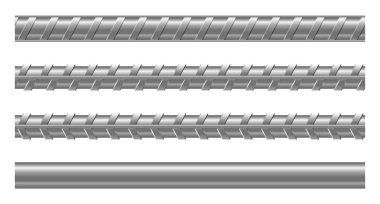 Gerçekçi metal çubuklar ve çubuklar. Koleksiyon metali demirleri. Kusursuz çelik demirler. Metal çubuk. Vektör illüstrasyonu