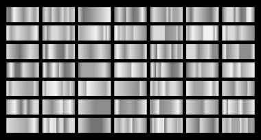 Gümüş doku arka plan seti. Gümüş arkaplan dokusu. Çelik metal arka plan şablonları. Metal gradyan koleksiyonu. Vektör illüstrasyonu