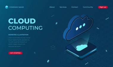 İzometrik bulut indirme sayfası konsepti. Çevrimiçi bilgisayar teknolojisi. Dijital teknoloji web sitesi iniş sayfası. Vektör illüstrasyonu