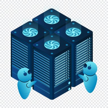 İzometrik fütürist sunucu. İzometrik veritabanı veya veri merkezi. Soyut engelleme zinciri. Bilgisayar deposu. Bulut deposu. Vektör illüstrasyonu