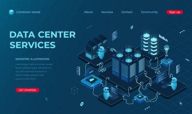 Isometric veri merkezi iniş sayfası konsepti. Ağ, veri tabanı, bulut depolama. Dijital teknoloji web sitesi iniş sayfası. Vektör illüstrasyonu