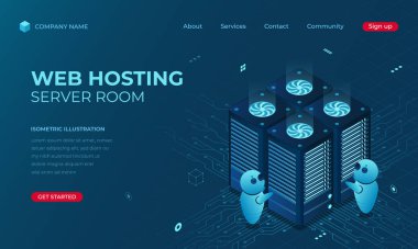 Isome Web İniş Sayfası Konsepti. Sunucu sunucu konsepti. Çevrimiçi bilgisayar teknolojisi. Dijital teknoloji web sitesi iniş sayfası