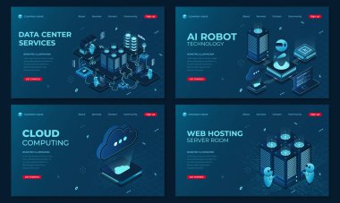 Bir dizi izometrik iniş sayfası şablonu. Sunucu, yapay zeka ve web sunuculuğu teknolojisi olan modern teknoloji kavramı
