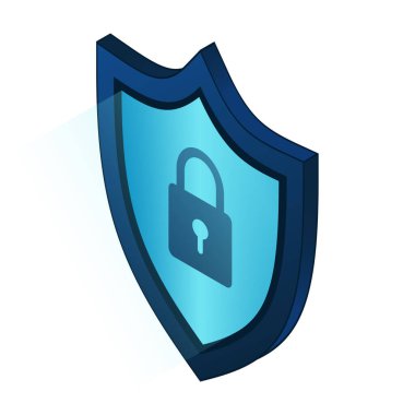 VPN 'i güvene alın. Kalkanlı VPN koruması. Kalkan kilidi fütüristik mavi tarzda. Siber güvenlik. Vektör illüstrasyonu