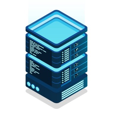 İzometrik fütürist sunucu. İzometrik veritabanı veya veri merkezi. Soyut engelleme zinciri. Bilgisayar deposu. Bulut deposu. Vektör illüstrasyonu