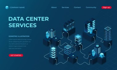 Isometric veri merkezi iniş sayfası konsepti. Ağ, veri tabanı, bulut depolama. Dijital teknoloji web sitesi iniş sayfası. Vektör illüstrasyonu