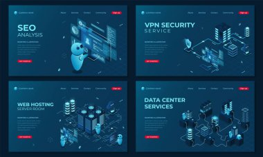 Bir dizi izometrik iniş sayfası şablonu. Seo analizi için modern teknoloji konsepti, web sunucu teknolojisi ve sunuculu veri tabanı