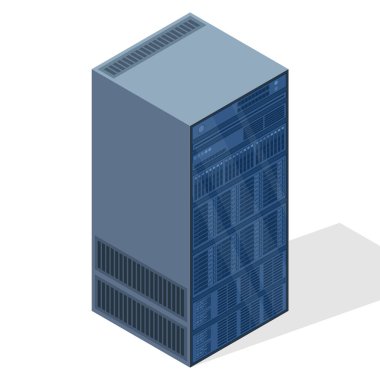 Isometric sunucusu. Sunucu rafları. Sunucu kutuları izole edildi. Ağ sunucu odası. Bilgisayar ağı teknolojisi. Vektör illüstrasyonu