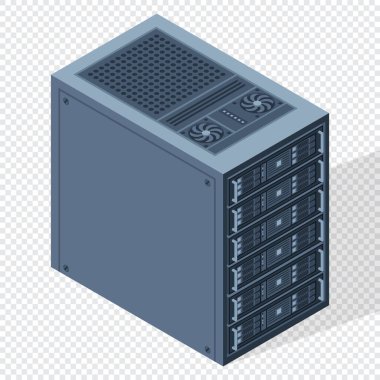 Isometric sunucusu. Sunucu rafları. Sunucu kutuları izole edildi. Ağ sunucu odası. Bilgisayar ağı teknolojisi. Vektör illüstrasyonu