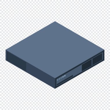 Isometric sunucusu. Sunucu rafları. Sunucu kutuları izole edildi. Ağ sunucu odası. Bilgisayar ağı teknolojisi. Vektör illüstrasyonu