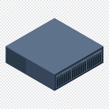 Isometric sunucusu. Sunucu rafları. Sunucu kutuları izole edildi. Ağ sunucu odası. Bilgisayar ağı teknolojisi. Vektör illüstrasyonu