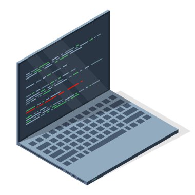 Ekranda program kodlu Isometric laptop. Programlama kavramı. Web gelişimi. Vektör illüstrasyonu