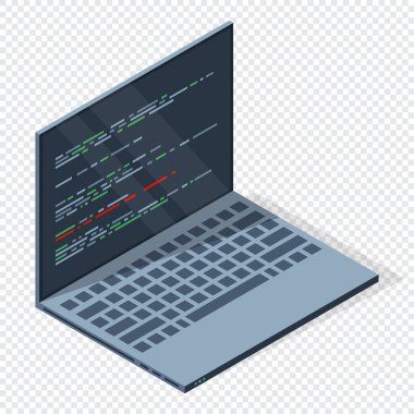 Ekranda program kodlu Isometric laptop. Programlama kavramı. Web gelişimi. Vektör illüstrasyonu