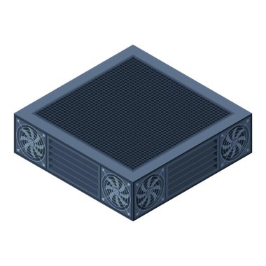 Isometric sunucusu. Sunucu rafları. Sunucu kutuları izole edildi. Ağ sunucu odası. Bilgisayar ağı teknolojisi. Vektör illüstrasyonu