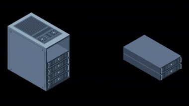 Isometric sunucu animasyonu. Sunucu rafları. Sunucu kutuları izole edildi. Ağ sunucu odası. Bilgisayar ağı teknolojisi. Alfa kanalı ile şeffaf arkaplan