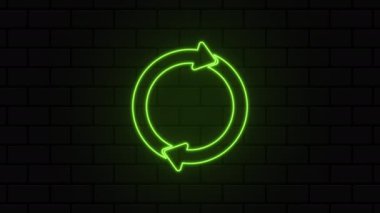 Sembol animasyonunu geri dönüştür. Yeşil geri dönüşüm veya geri dönüşüm okları simgesi. Yeşil okların parlayan neon çizgisi geri dönüşüm eko sembolü