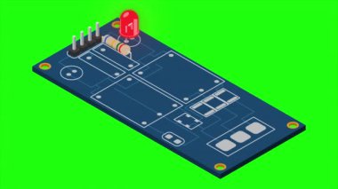 İzometrik elektronik tahta animasyonu. Elektronik bileşenli Isometric baskı devre kartı. Elektronik bileşenler ve entegre devre kartı. 4K video eşölçülü olarak canlandırıldı