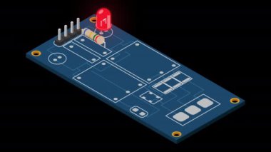 İzometrik elektronik tahta animasyonu. Elektronik bileşenli Isometric baskı devre kartı. Elektronik bileşenler ve entegre devre kartı. Alfa kanalı ile şeffaf arkaplan