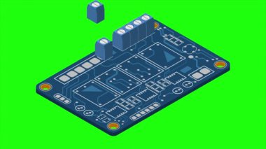 İzometrik elektronik tahta animasyonu. Elektronik bileşenli Isometric baskı devre kartı. Elektronik bileşenler ve entegre devre kartı. 4K video eşölçülü olarak canlandırıldı