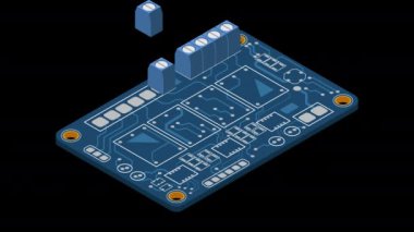 İzometrik elektronik tahta animasyonu. Elektronik bileşenli Isometric baskı devre kartı. Elektronik bileşenler ve entegre devre kartı. Alfa kanalı ile şeffaf arkaplan