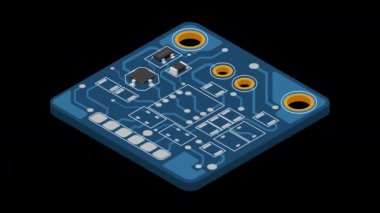 İzometrik elektronik tahta animasyonu. Elektronik bileşenli Isometric baskı devre kartı. Elektronik bileşenler ve entegre devre kartı. Alfa kanalı ile şeffaf arkaplan
