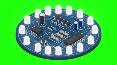 İzometrik elektronik tahta animasyonu. Elektronik bileşenli Isometric baskı devre kartı. Elektronik bileşenler ve entegre devre kartı. 4K video eşölçülü olarak canlandırıldı