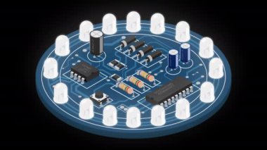 İzometrik elektronik tahta animasyonu. Elektronik bileşenli Isometric baskı devre kartı. Elektronik bileşenler ve entegre devre kartı. Alfa kanalı ile şeffaf arkaplan