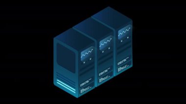 Isometric fütürist sunucu animasyonu. İzometrik veritabanı veya veri merkezi. Soyut engelleme zinciri. Bilgisayar deposu. Bulut deposu. Alfa kanalı ile şeffaf arkaplan