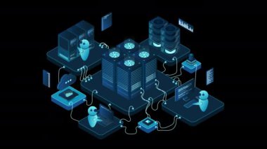 Isometric veri merkezi veya sunucu odası animasyonu. Veri merkezi bağlantı ağı. Bulut deposu. Isometric yüksek teknoloji konsepti. Alfa kanalı ile şeffaf arkaplan
