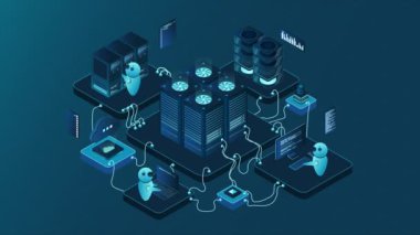 Isometric veri merkezi veya sunucu odası animasyonu. Veri merkezi bağlantı ağı. Bulut deposu. Isometric yüksek teknoloji konsepti. 4K video eşölçülü olarak canlandırıldı