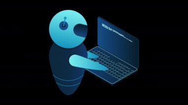 Bilgisayar animasyonuyla gelecekçi robot etkileşimi. Isometric yapay zeka robotu. Dijital iletişim sohbet robotları. 4K video izometrik tarzda canlandırıldı. Alfa kanalı ile şeffaf arkaplan