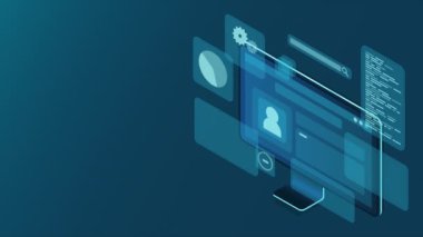 Bilgisayar veri analizi için grafik ve grafiklerle mavi sanal projeksiyonlar ile animasyonu izler. Analitik veriler monitörde. Web geliştirme konsepti. 4K video eşölçülü olarak canlandırıldı