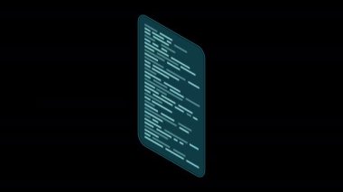 İzometrik ekran animasyonu. Kodlama teknolojisi. Programlama kavramı. Teknoloji animasyonu. Alfa kanalı ile şeffaf arkaplan