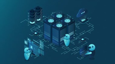 Veri merkezi ve web sunucusu izometrik konsept animasyonu. Bulut bilgisayar deposu. Isometric sunucu odası rafı. 4K video eşölçülü olarak canlandırıldı