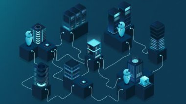 3D izometrik konsept sunuculu büyük veri merkezi animasyonu. Bulut hesaplama. Ana şebeke altyapısı. Isometric yüksek teknoloji konsepti. 4K video eşölçülü olarak canlandırıldı