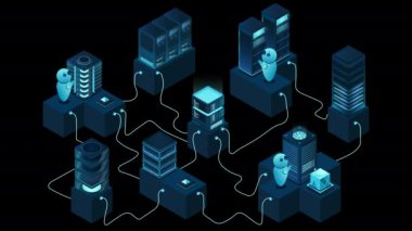 3D izometrik konsept sunuculu büyük veri merkezi animasyonu. Bulut hesaplama. Ana şebeke altyapısı. Isometric yüksek teknoloji konsepti. Alfa kanalı ile şeffaf arkaplan