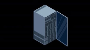 Isometric sunucu animasyonu. Sunucu rafları. Sunucu kutuları izole edildi. Ağ sunucu odası. Bilgisayar ağı teknolojisi. Alfa kanalı ile şeffaf arkaplan