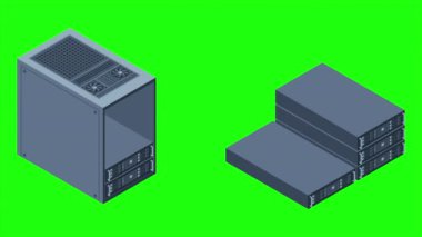 Isometric sunucu animasyonu. Sunucu rafları. Sunucu kutuları izole edildi. Ağ sunucu odası. Bilgisayar ağı teknolojisi. 4K video eşölçülü olarak canlandırıldı