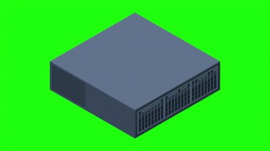 Isometric sunucu animasyonu. Sunucu rafları. Sunucu kutuları izole edildi. Ağ sunucu odası. Bilgisayar ağı teknolojisi. 4K video eşölçülü olarak canlandırıldı